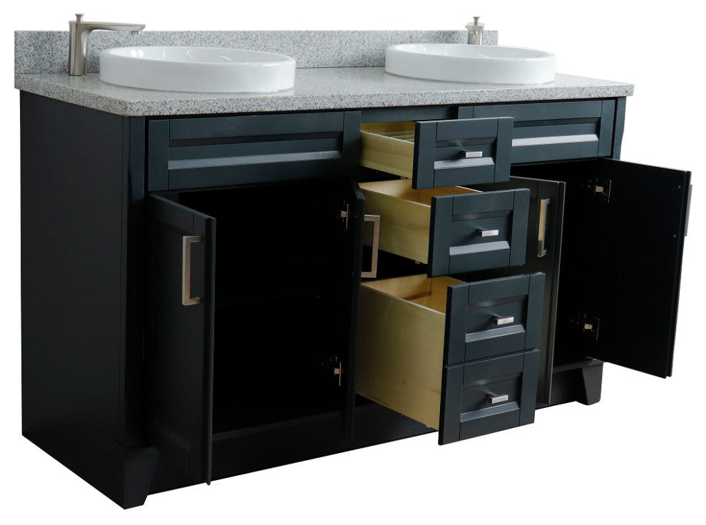 61" Double Sink Vanity, Dark Gray Finish And Gray Granite And Round Sink