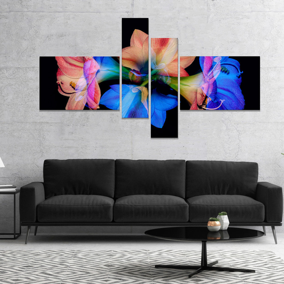 Abstract Blue Red Flower on Black, Large Floral Wall Art, 60"x32", 4 panels