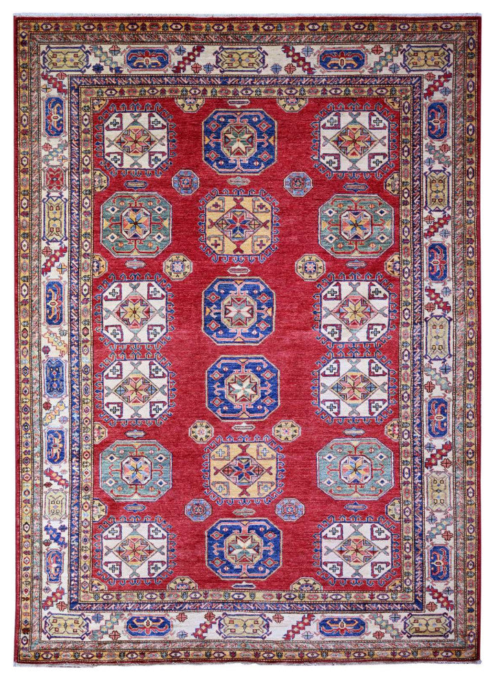 Rusty Red 100% Wool Afghan Super Kazak Weave Hand Knotted Rug, 6'11"x9'8"