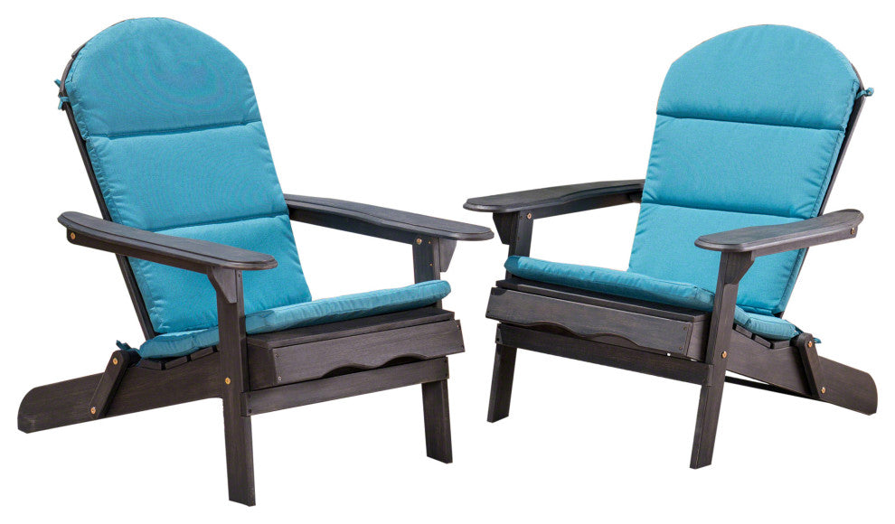 Outdoor Acacia Wood Folding Adirondack Chairs, Cushions, Set of 2, Dark Gray/Dark Teal