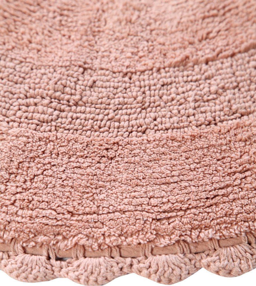 Saffron Fabs Bath Rug 36" Reversible Hand Knit Crochet Lace Border, Coral