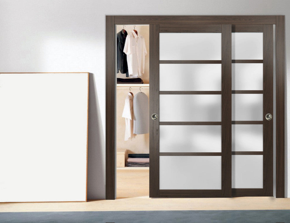 Sliding Frosted Glass Bypass Doors 84 x 80, Quadro 4002 Chocolate Ash, Rail