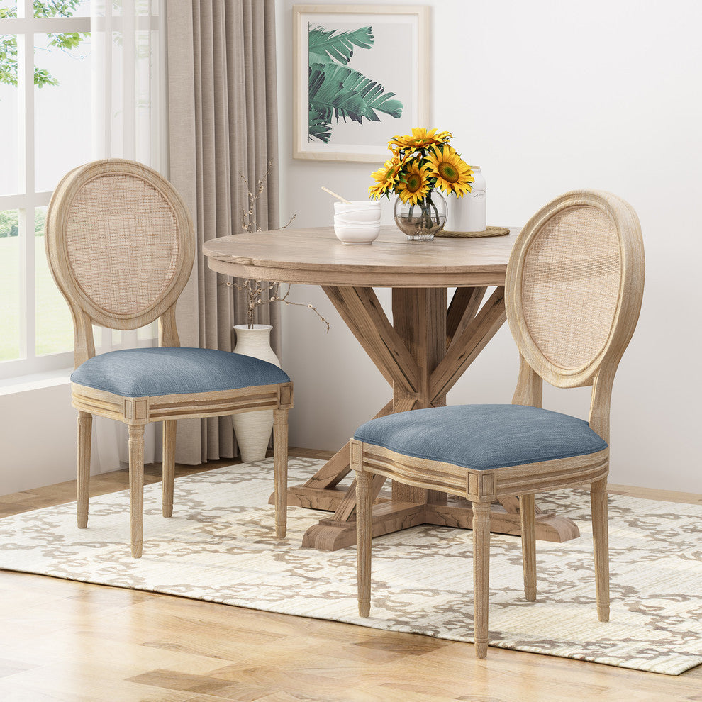 Camilo Wooden Dining Chair With Wicker and Fabric Seating, Set of 2, Light Blue, Natural