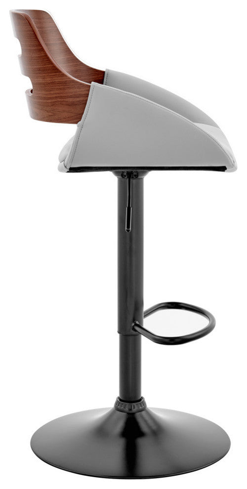 Karter Adjustable Gray Faux Leather and Walnut Wood Bar Stool With Black Base