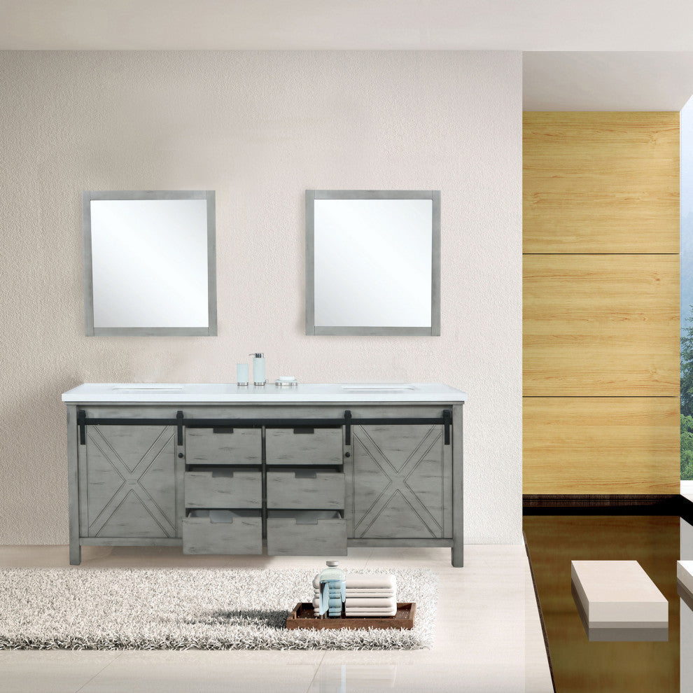 Marsyas 84" Ash Gray Double Vanity Cabinet Quartz Top Sinks, 34" Wall Mirrors