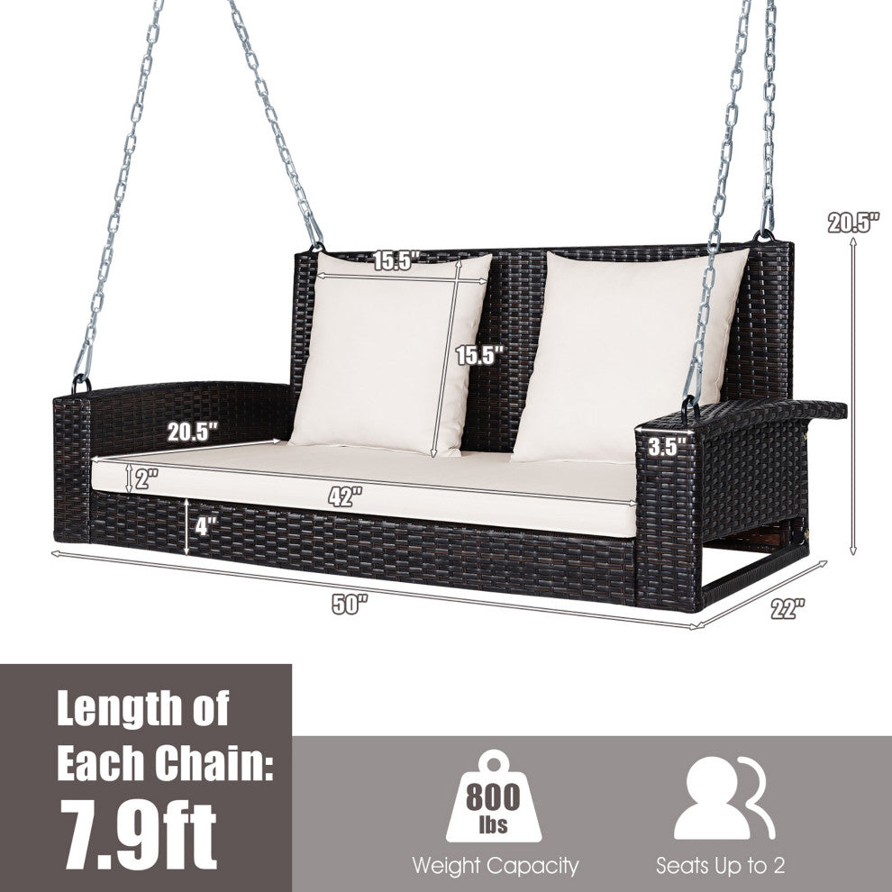 Costway 2-Person Patio Rattan Hanging Porch Swing Bench Chair Cushion Beige