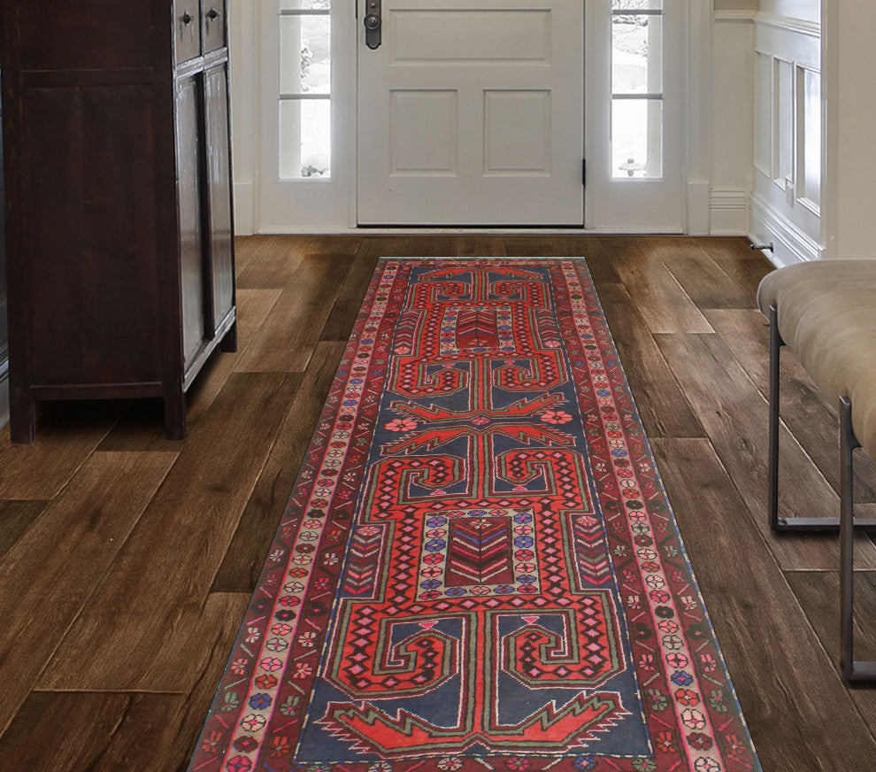 Fine Vintage Distressed WaLight er Navy/Red Runner, 3'4x10'0