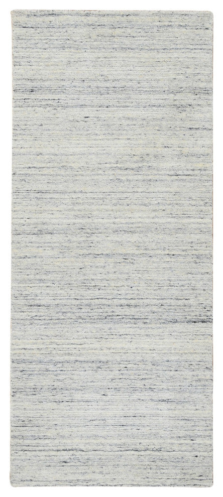 Ivory Hand Loomed Plain Modern Striped Design Natural Wool Runner Rug, 2'6"x6'