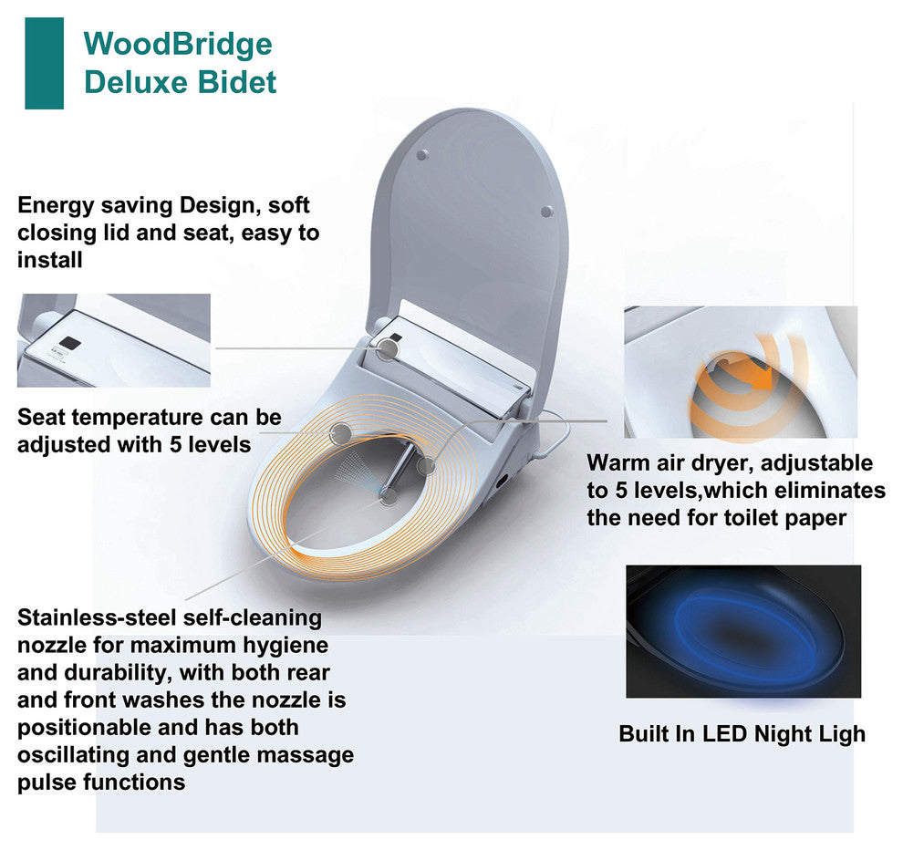WoodBridge Luxury Elongated One Piece Toilet With Advanced Bidet Seat