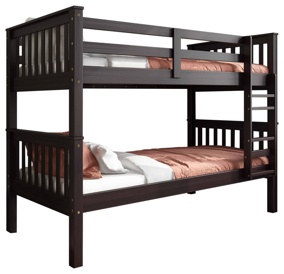 100% Solid Wood Mission Twin Over Twin Bunk Bed, Java