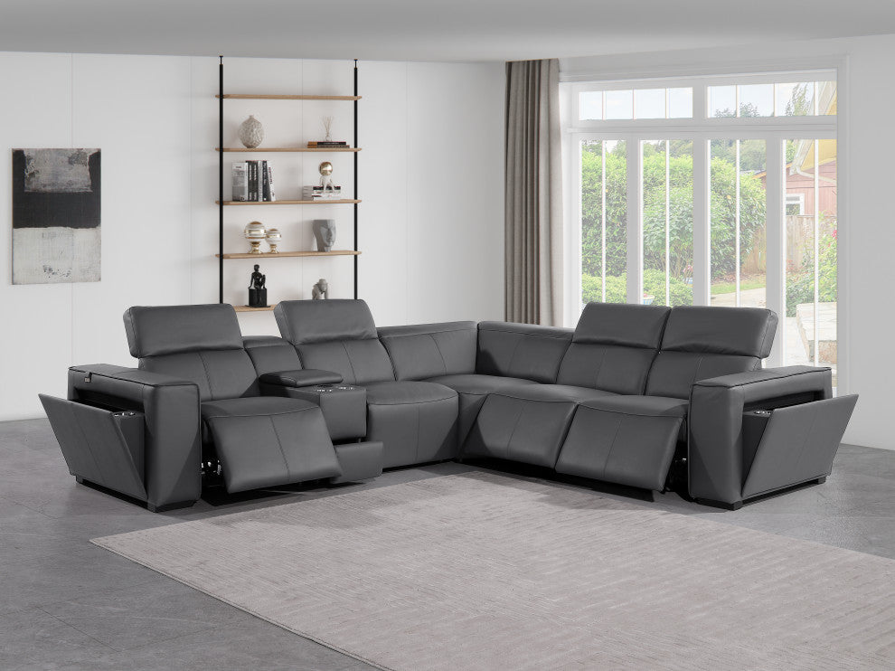 Niccolo Top Grain Italian Leather 6-Piece L-Shaped Power Reclining Sectional, Dark Grey