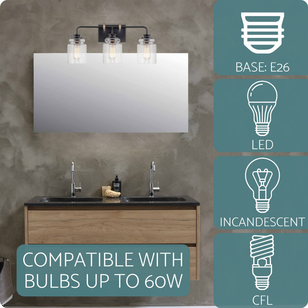 Kira Home Orson 22" Farmhouse / Bathroom Light, Cylinder Glass Shades, Smoked