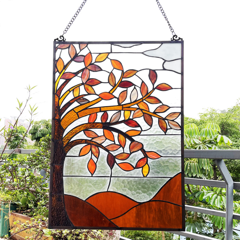 Autumnal Floral-Style Stained Glass Window Panel 24" Tall