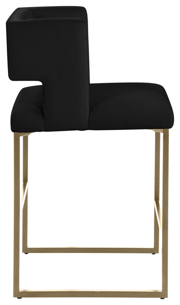 Caleb Upholstered Counter Stool, Set of 2, Black, Velvet, Brushed Gold