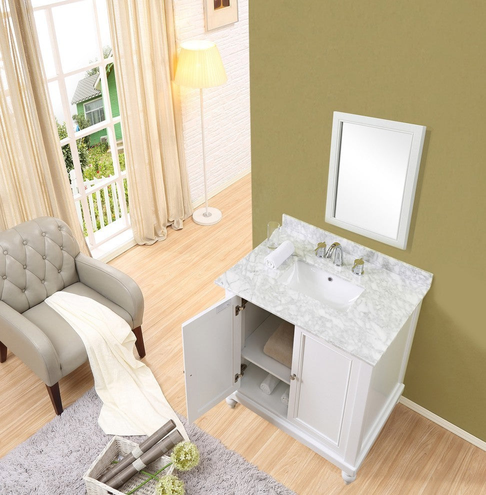 Classic 32" Pearl White Vanity, White Carrara Marble Top, With Mirror