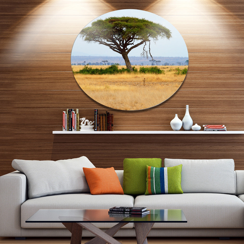 Acadia Tree And Cheetah In Africa, African Circle Metal Wall Art, 23"