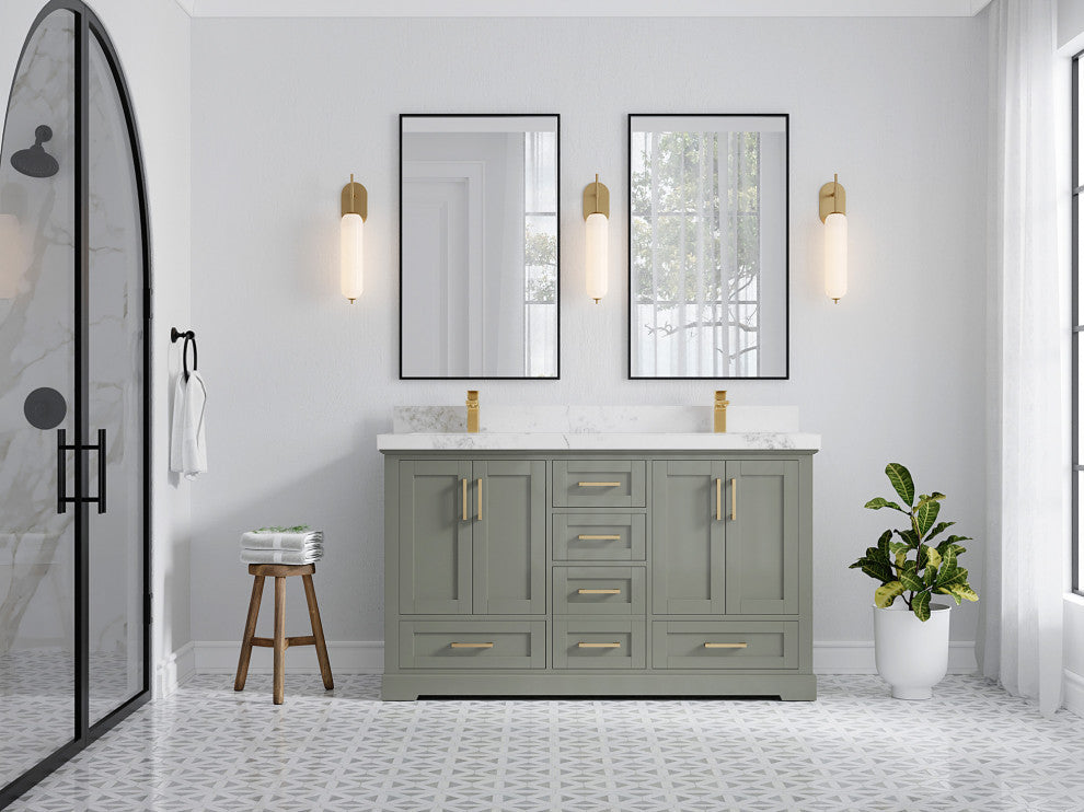 Boston 60 Double Bathroom Vanity in Evergreen 2" Calacatta Nuvo