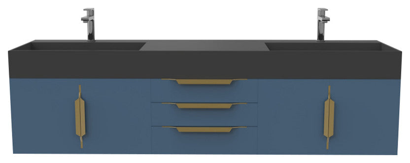 CastelloUSA Amazon 72" Wall Mounted Vanity Set, Blue, Black Top, Gold Handles