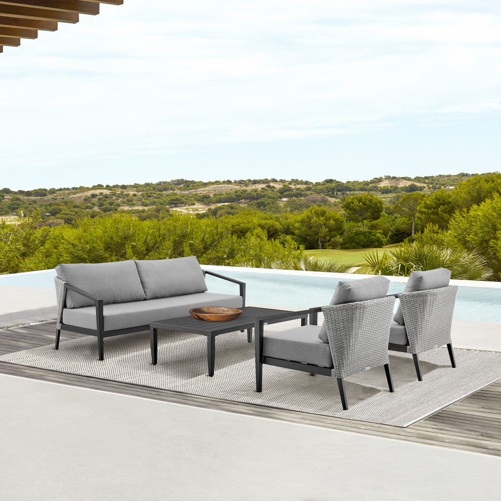 Aileen Patio 4-Piece Lounge Set, Aluminum and Wicker With Gray Cushions