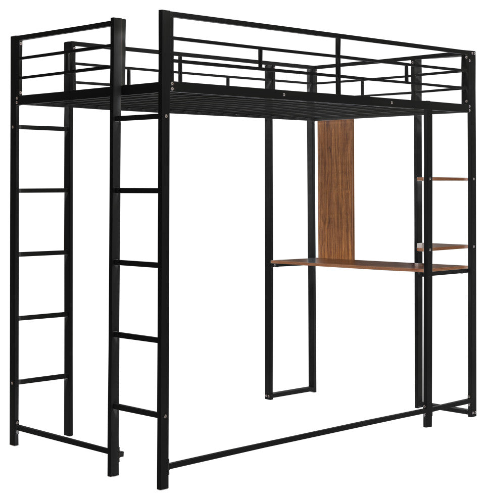 Gewnee Twin Metal Loft Bed with 2 Shelves and one Desk