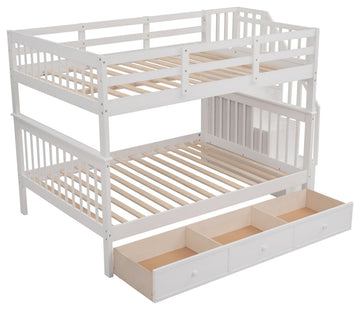 Gewnee Stairway Full-Over-Full Bunk Bed with Drawer,  Rail for Bedroom in White
