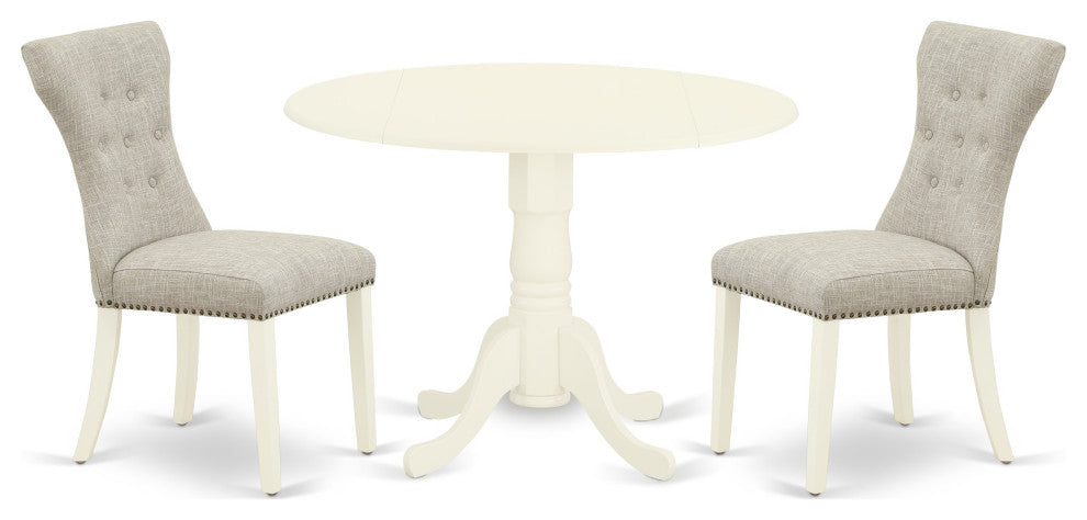 3Pc Round Dinette Set, Wood Table, 2 Chairs, Doeskin Chairs Seat, Linen White