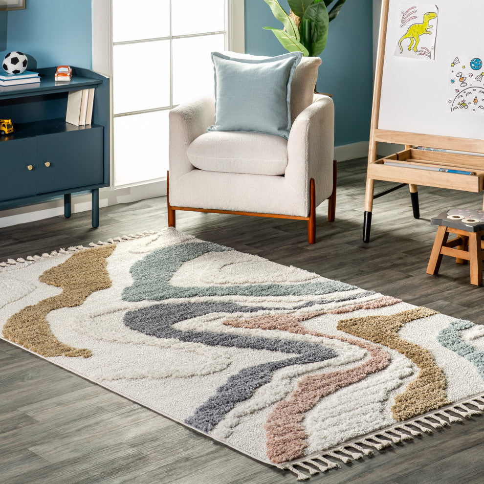 Nuloom Abstract Striped Kids Tassel Area Rug, Beige 5'x8'