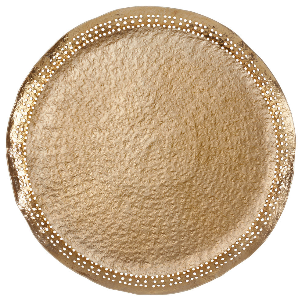 Metal Charger Plates With Hole Punched Design, Set of 4, 14"x14", Gold