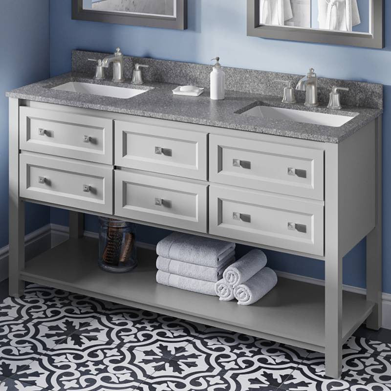 Adler Transitional 60" Grey Double Sink Vanity, Boulder Cultured Marble Vanity T
