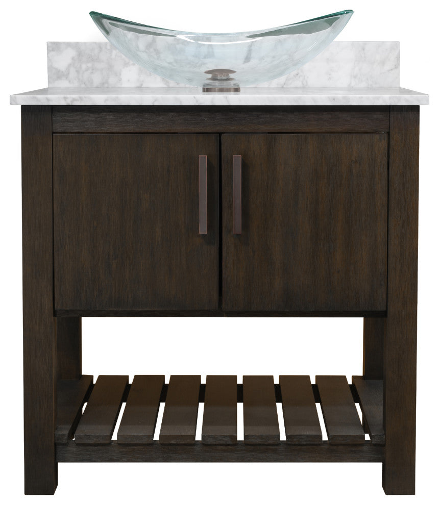 30" Vanity, Carrara White Marble Top, Sink, Drain, Mounting Ring, and P-Trap, Oil Rubbed Bronze, Without Mirror