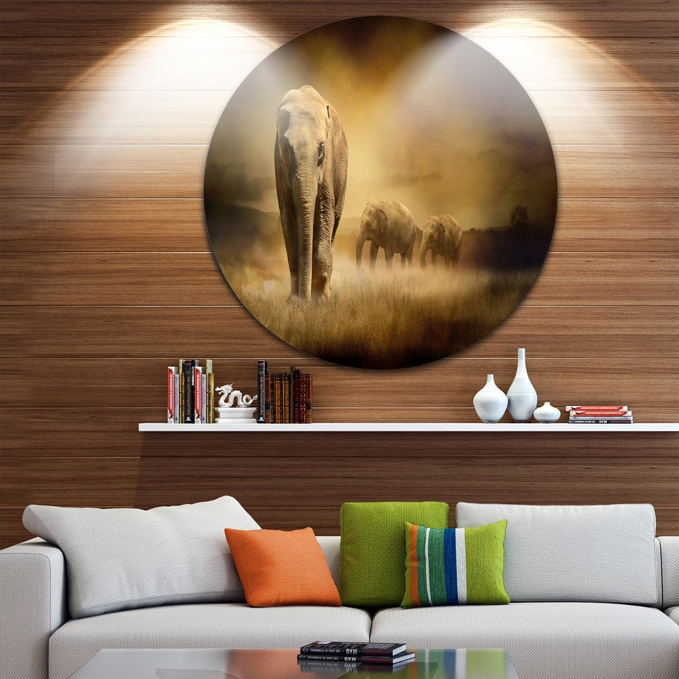 Elephants At Sunset, Animal Contemporary Disc Metal Wall Art, 11"