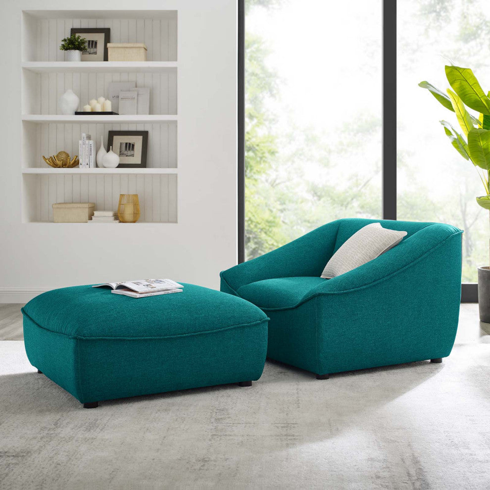 Armchair Accent Chair and Ottoman, Fabric, Teal Blue, Modern, Lounge Hospitality