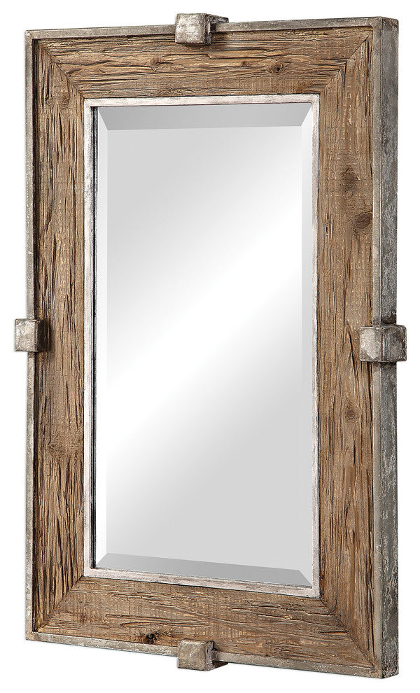 Rustic Weathered Reclaimed Wood Iron Wall Mirror, 37" Vanity Industrial Cottage