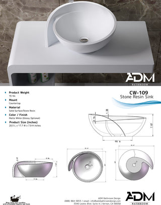 ADM Circle Countertop Vessel Sink, White, 20", Matte White