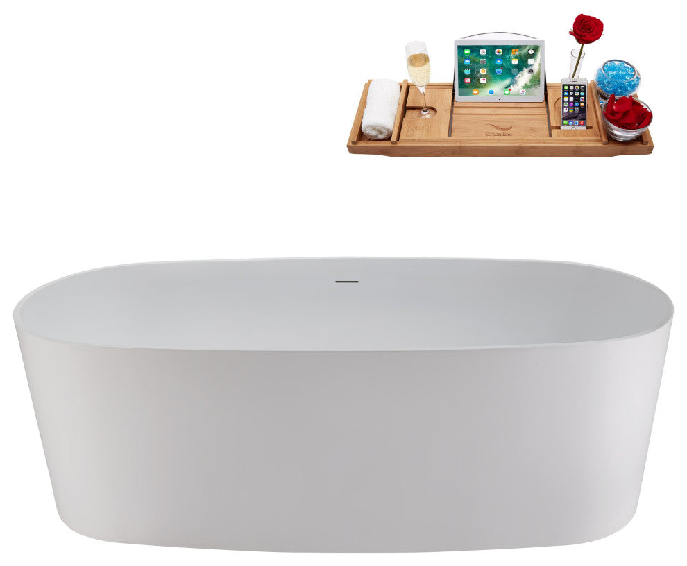 67" Streamline NS5800CH Matte White Stone Resin Bathtub, Tray With Chrome Drain