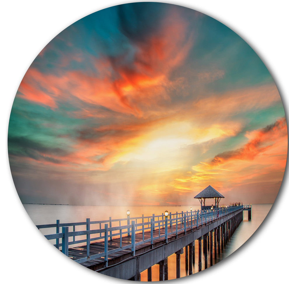 Fascinating Sky And Wooden Bridge, Seascape Round Metal Wall Art, 36"