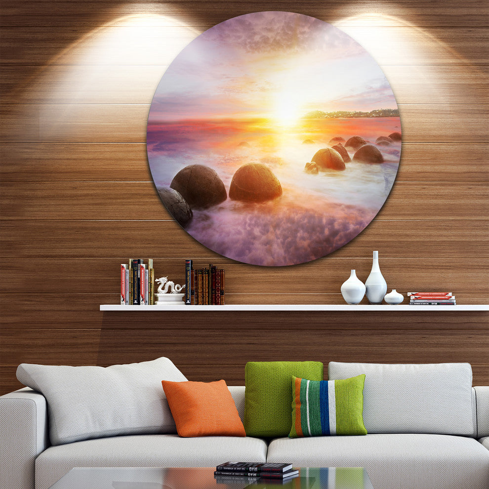 Evening Sun Over Moeraki Boulders, Seashore Photo Round Wall Art, 23"