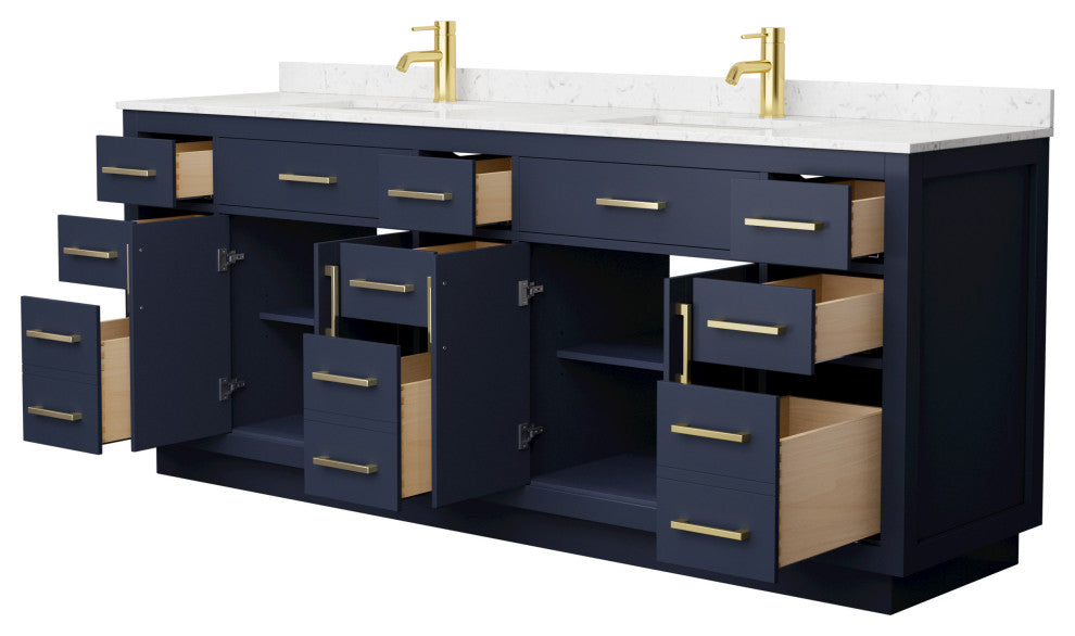 Beckett TK 84" Dark Blue Double Vanity, Cultured Top, Gold Trim