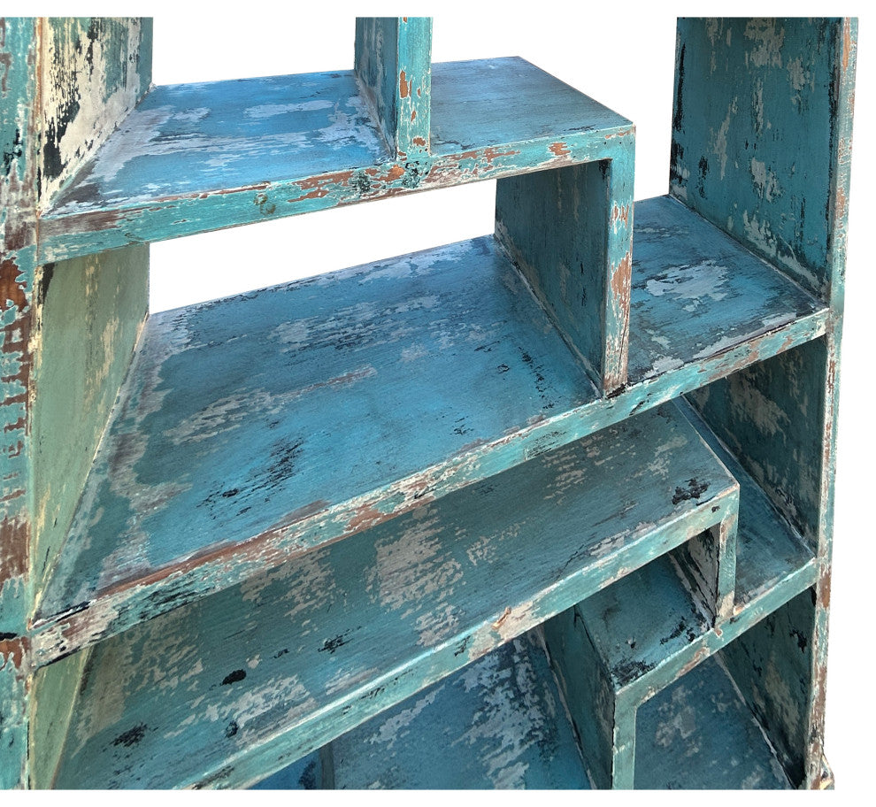 84" Distressed Blue Uneven Shelves Slim Display Cabinet Room Divider Hws4325
