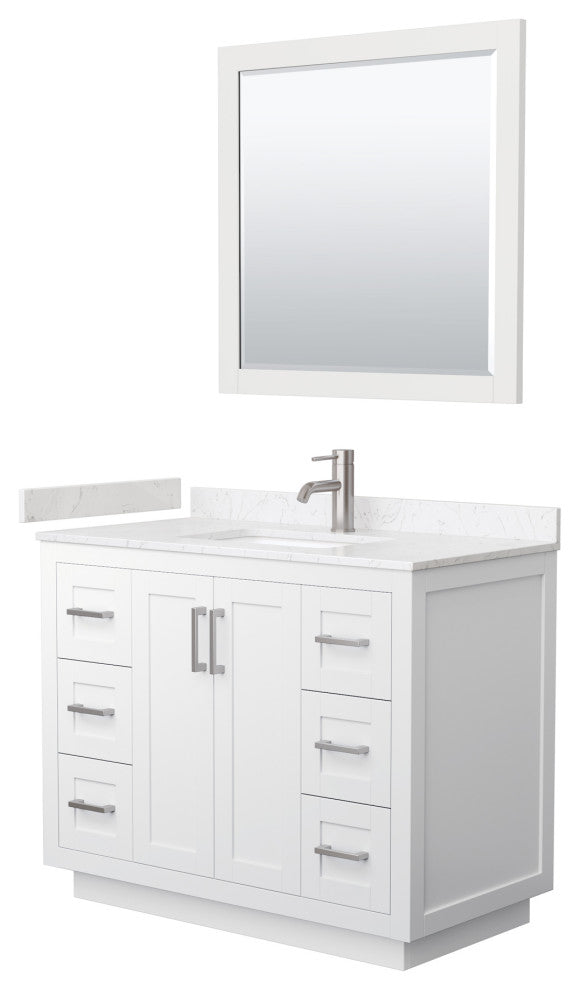 42"SGL Vanity White, Light-Vein Carrara Cult. Top, Sink, Nickel Trim, 34"Mirror