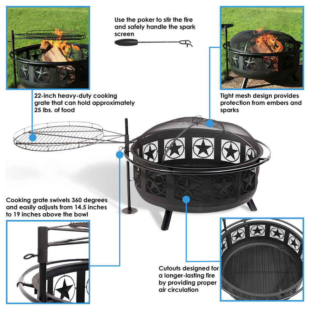 Sunnydaze 30" Black All Star Fire Pit With Cooking Grate and Spark Screen