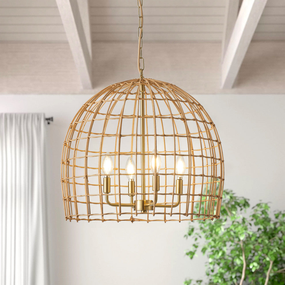 4-Light Hand-Woven Rattan Pendant Light for Kitchen Island