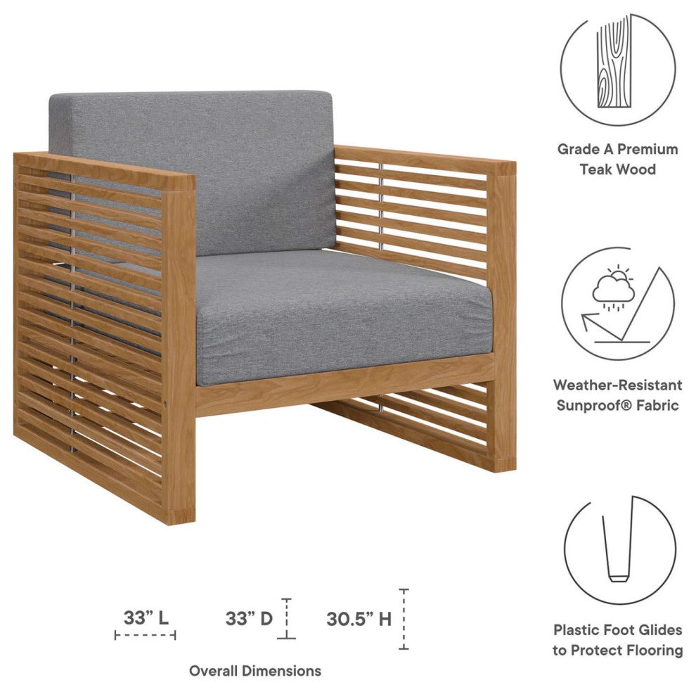 Lounge Chair ArmchairTable Set, Gray Natural, Teak Wood, Outdoor Garden