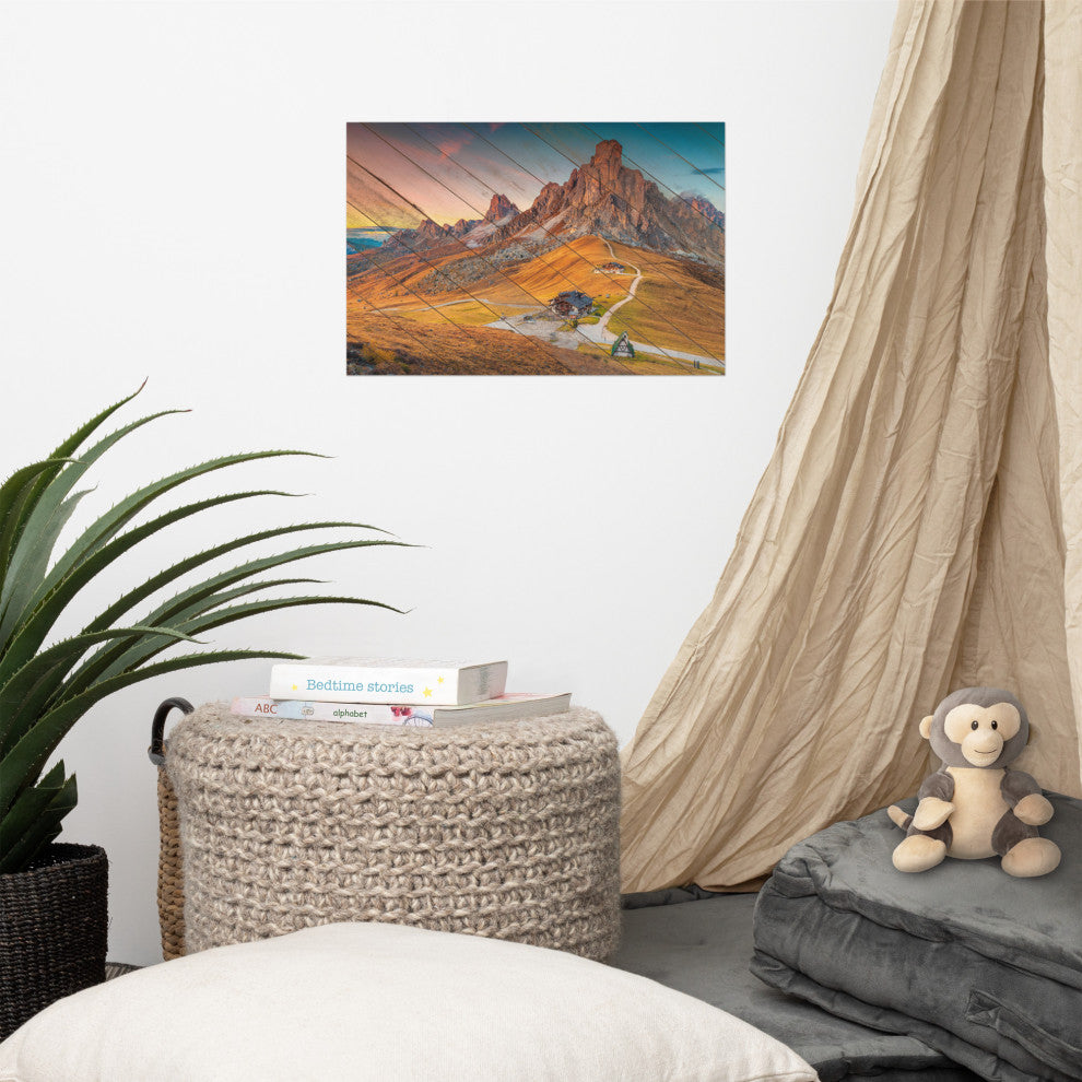 Faux Wood Majestic Sunset & Alpine Mountain Landscape Photo Wall Art Print, 12" X 18"