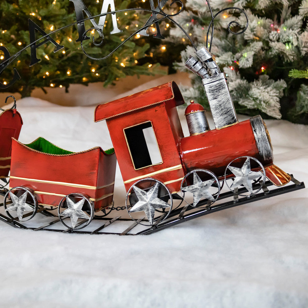 Metal Christmas Train With 2 Carts on Track