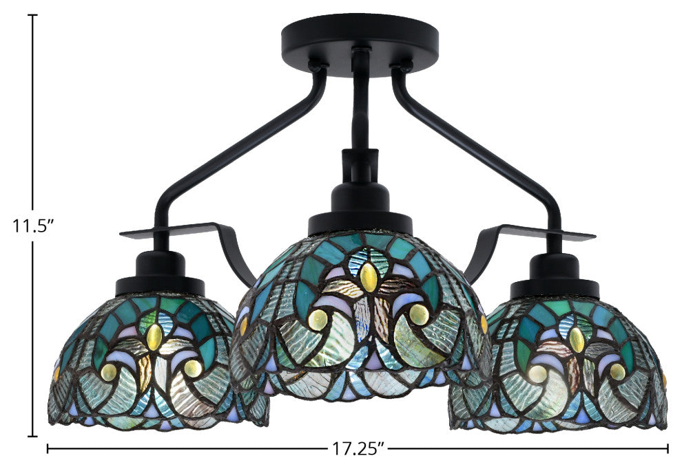 Odyssey 3 Light Semi Flush Mount, Matte Black, 7" Turquoise Cypress Art Glass