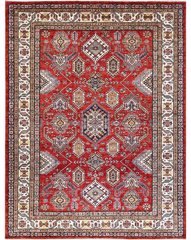 Red, 100% Wool, Afghan Super Kazak, Hand Knotted, Oriental Rug, 8'1"x10'6"
