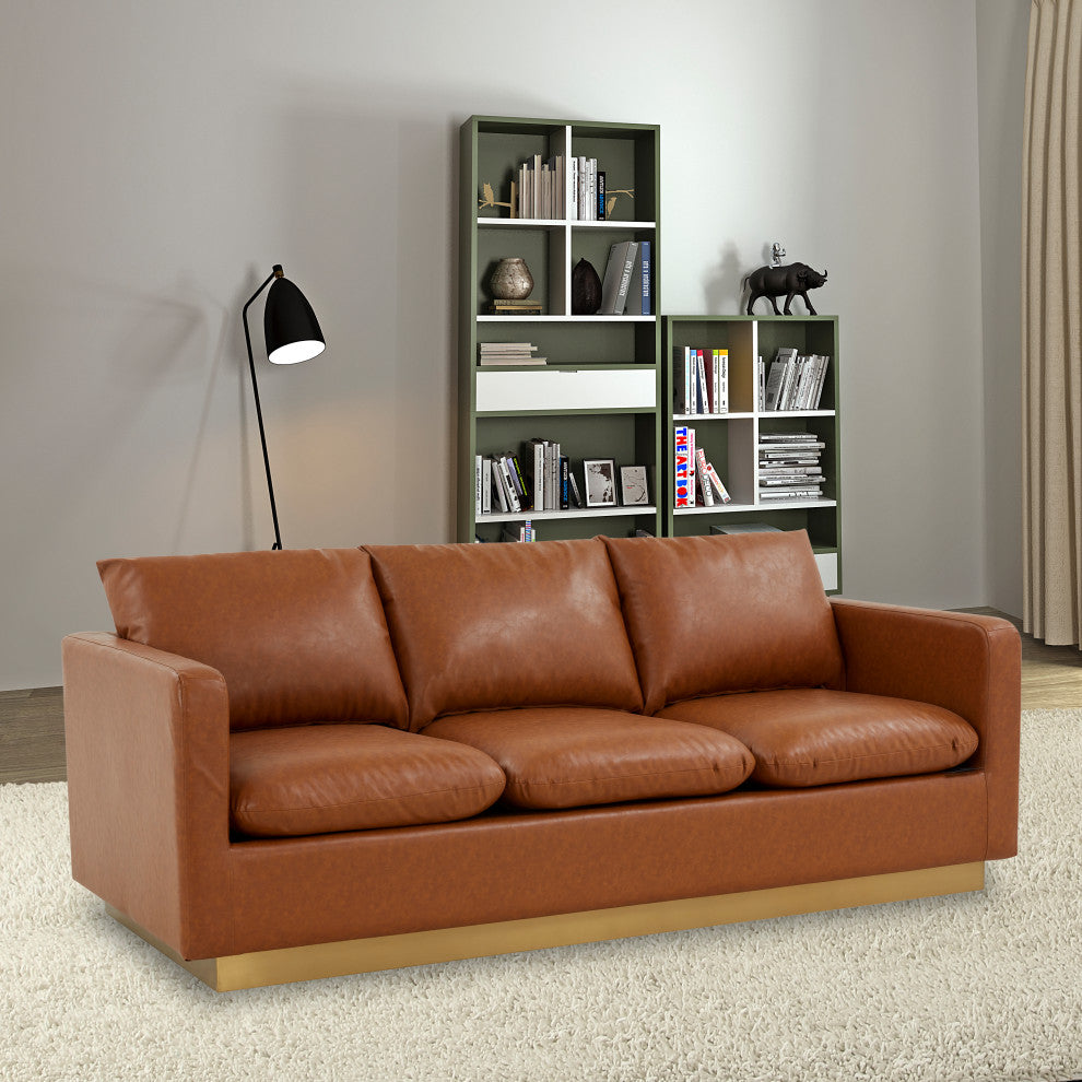 LeisureMod Nervo Modern Leather Sofa With Gold Base, Cognac Tan