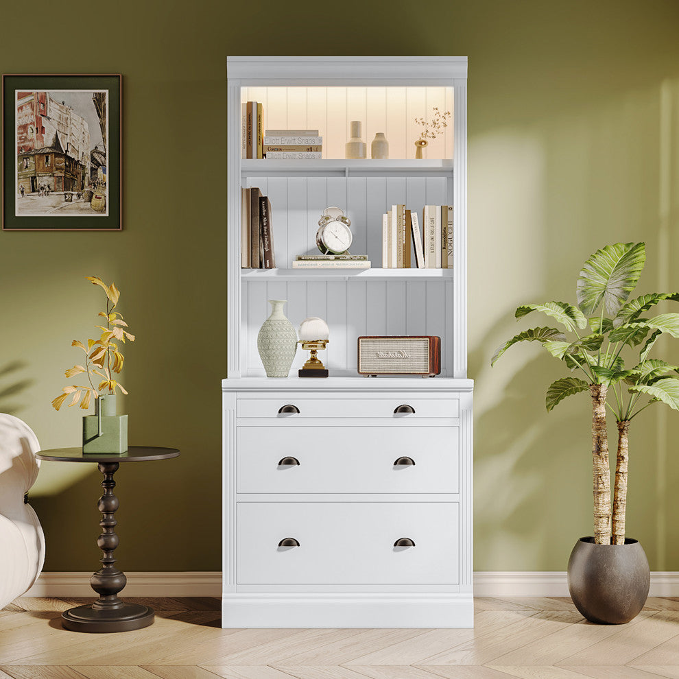 Modern Tall Bookshelf, LED Lighting for Living Room, White