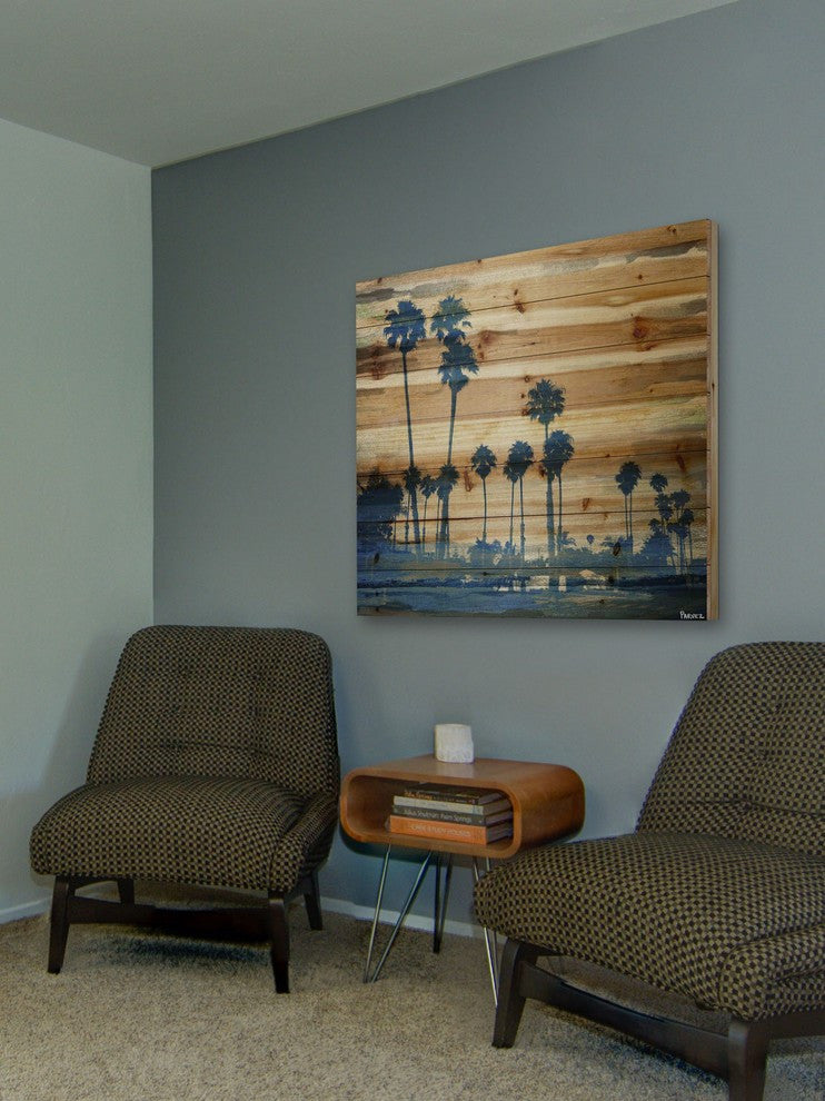 "Blue Palms" Print on Natural Pine Wood, 24"x24"